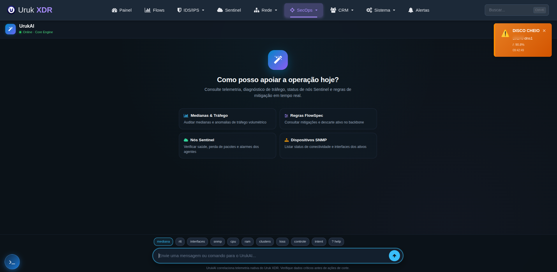 UrukAI: inteligência artificial para provedores com consultas de tráfego, FlowSpec, Sentinel Nodes e monitoramento SNMP